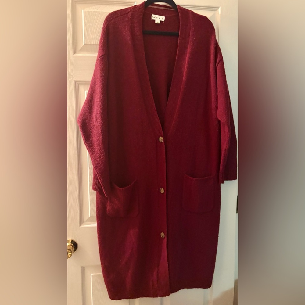 Ava & Viv 2X burgundy Cardigan Sweater with Long Sleeves and Relaxed Fit